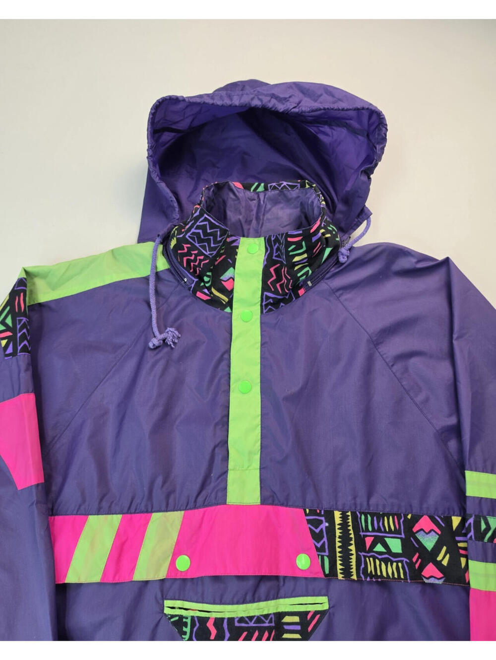Vintage 1980s Neon Purple Pink Retro Anorak Pullover Windbreaker Mens Medium M - Picture 3 of 6